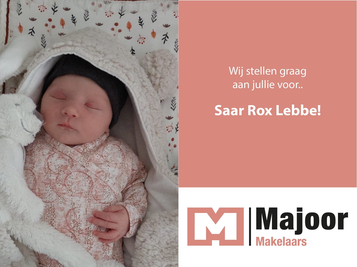 makelaarsmajoor's tweet photo. Onze binnendienst topper Willeke is vorige week moeder geworden van 💕Saar Rox Lebbe 💕! Alles gaat goed!
📅 vrijdag 17 juni 2022  ⏰ 00:26 
⚖️ 3.710 gram  📏 50.5 cm
Vind je het leuk om de kersverse ouders Willeke &amp; Koen te feliciteren? Laat dan hieronder een berichtje achter!💌 https://t.co/5Lve1GXAC1