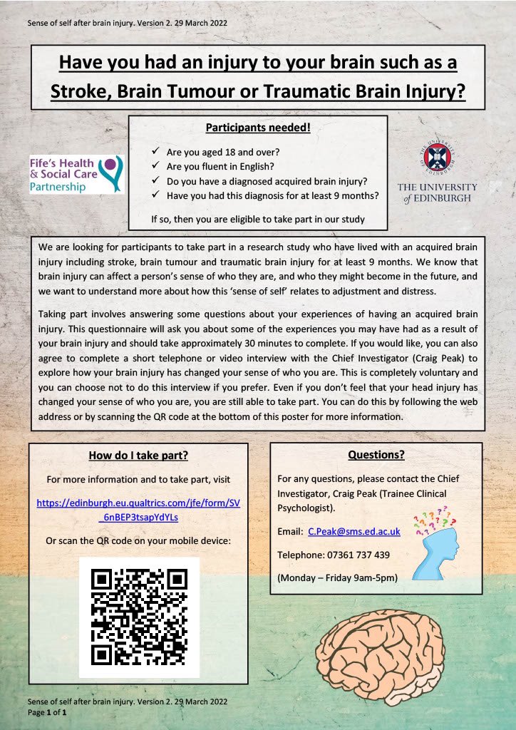 Craig Peak (@craigpeak) on Twitter photo 📢 Recently launched research study with <a href="/nhsfife/">NHS Fife</a> exploring #identity change following an #AcquiredBrainInjury 📢
If you’ve experienced an #ABI or know someone who has, this study may be of interest. 🧠
Please see the link or the poster below for info
edinburgh.eu.qualtrics.com/jfe/form/SV_6n… 📢 Recently launched research study with <a href="/nhsfife/">NHS Fife</a> exploring #identity change following an #AcquiredBrainInjury 📢
If you’ve experienced an #ABI or know someone who has, this study may be of interest. 🧠
Please see the link or the poster below for info
edinburgh.eu.qualtrics.com/jfe/form/SV_6n…