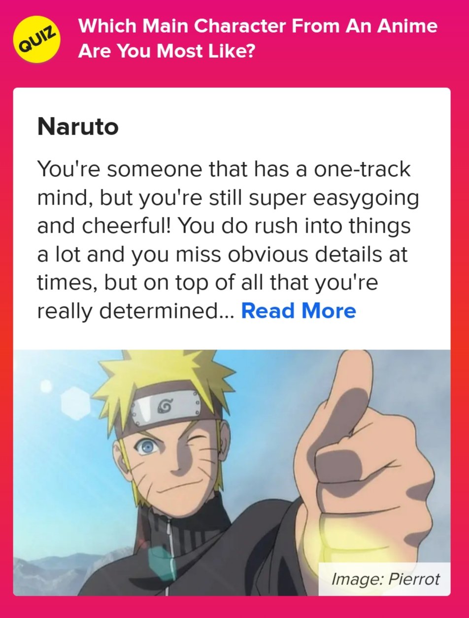 PandaCrim on Twitter I took a Which anime character are u test and  got Naruto so feel free to take the test and let me know what character  you all get httpstcojMVn0BEbyx 