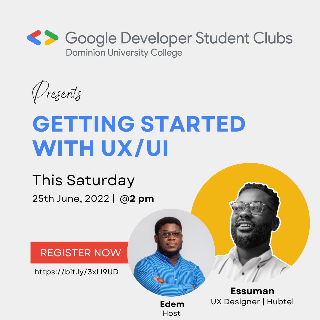gdsc_duc's tweet photo. We shall be hosting @nigasllim from @hubtel this Saturday on the Topic: Getting Started with UX/UI.

We'll take a deep dive into how apps and platforms are now being more complex and interactive than ever whilst consumers are rapidly becoming more demanding in executing UX/UI. https://t.co/BAxKW6pvyh