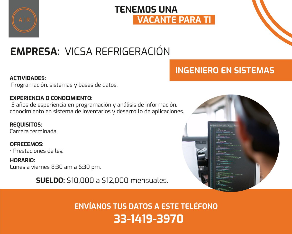 aerrehuman's tweet photo. ¡Tenemos un #Empleo para ti! ✅
#Vacante ➡️ INGENIERO EN SISTEMAS 👨🏻‍💻💻 Envía tu CV a 📩 aerre.human@gmail.com
📲 3314193970

#AERREHuman @la_de_rh @LosCazaVacantes @cazachambas_mx https://t.co/yngxxgeNGy
