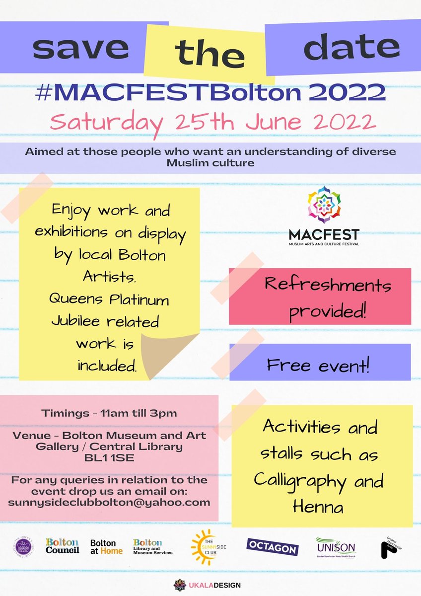 mwartfoundation's tweet photo. #MACFESTBolton 2022 - The @sunnyside_club is proud to host on the 25th of June @MACFEST, and celebrate the diversity of the town. A diverse range of local #Bolton #Muslim #artists #poets. @FortaliceBolton @boltonhospice @OfficialBWITC @Girlguiding 
@QaisraShahraz @boltoncouncil https://t.co/AHTUC8hhku