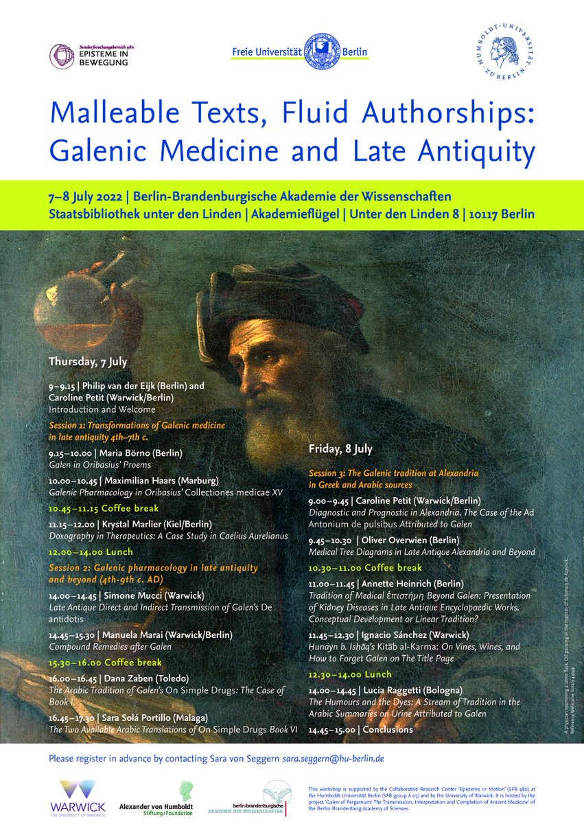 Delighted to announce an international workshop based on Warwick-Humboldt uni collaboration in Berlin next month (7-8 July). The workshop is especially aimed at PG students. Please note that attendance is face to face only. #histmed #Greek #medicaltexts #Galen #lateantiquity
