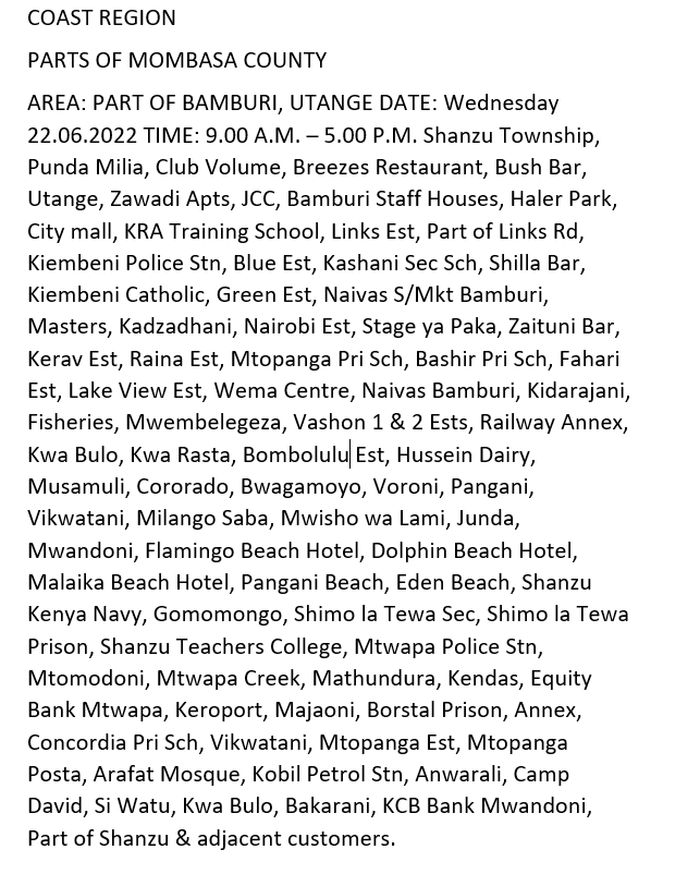 Good Evening.
The listed areas will be affected by planned power interruptions tomorrow (22nd June, 2022). The interruption is part of network maintenance. ^MW