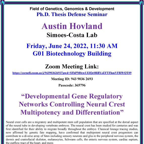 I'm #graduating and giving my public thesis defense presentation this Friday at 11:30AM EST. If you'd like to tune in to see my work on multipotency and differentiation in #NeuralCrest using (single cell) genomics, I'd love to have you!

cornell.zoom.us/j/94390362693?…