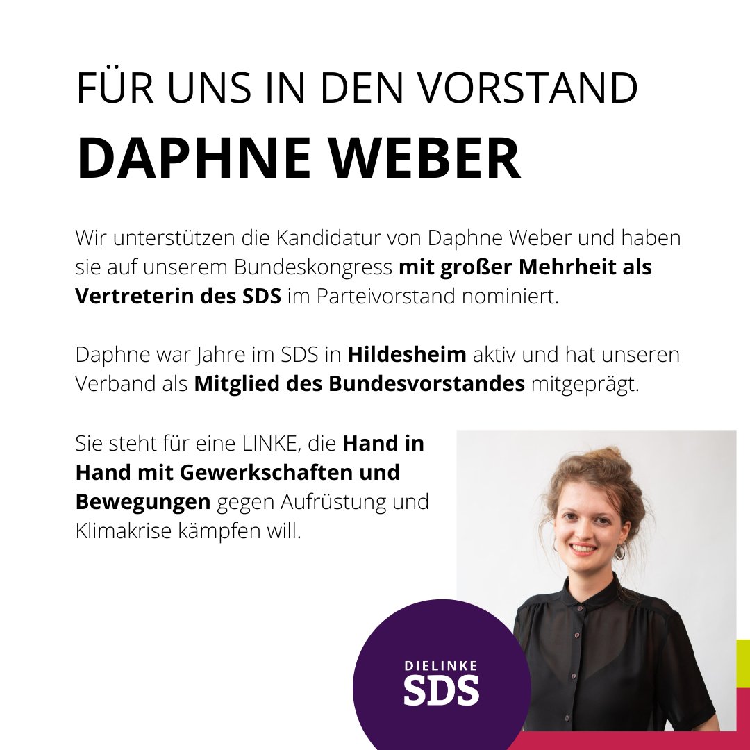 Auf unserem Bundeskongress haben wir <a href="/Daphne_Web/">Daphne Weber 🍁</a> als unsere Vertreterin im Parteivorstand von <a href="/dieLinke/">Die Linke</a> nominiert. Viel Erfolg für die Wahl beim #Parteitag und vor allem für die Arbeit an neuer Stärke für #dielinke 💪