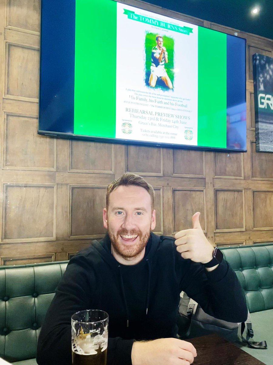 Liam Harkins, who plays Tommy in The Tommy Burns Story enjoying a pint in Grace’s ahead of the Rehearsal Preview Shows this Thursday & Friday! 🍀👏 Tickets for the Rehearsal Preview Show are still available for this Thursday and Friday at Grace’s. Call the venue for details 🍀