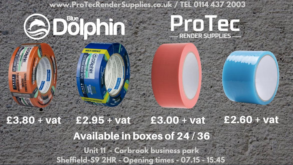ProTecRender's tweet photo. OPEN from 07:15 - 15:45 on 22nd June onwards. 
Dolphin tapes, Brick tapes and Window tapes from £2.60 + vat.
10 &amp; 15mm beads, white from £1.50 + vat. Collection available from Unit 11 - S9 2HR @derbypromo @SheffBusiness @Sheffieldis @smallbizshoutUK https://t.co/QTZ0nZRfuW