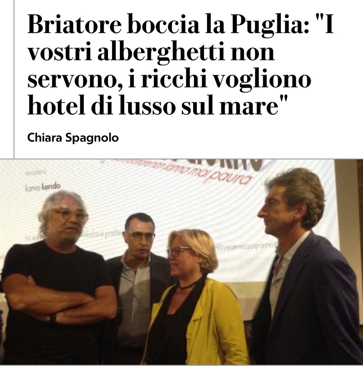 Vorrei solo ricordarvi che se #Briatore dice una cosa sensata nessuno lo pubblica sui giornali.

Nel 2016 disse che la Puglia non era una destinazione per il “Turismo di lusso”… Oggi per dormire in una Masseria in Puglia ci vogliono in media dai 450 ai 2800 euro a notte.