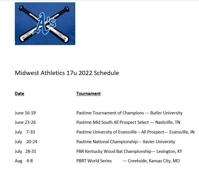 17u Summer Schedule