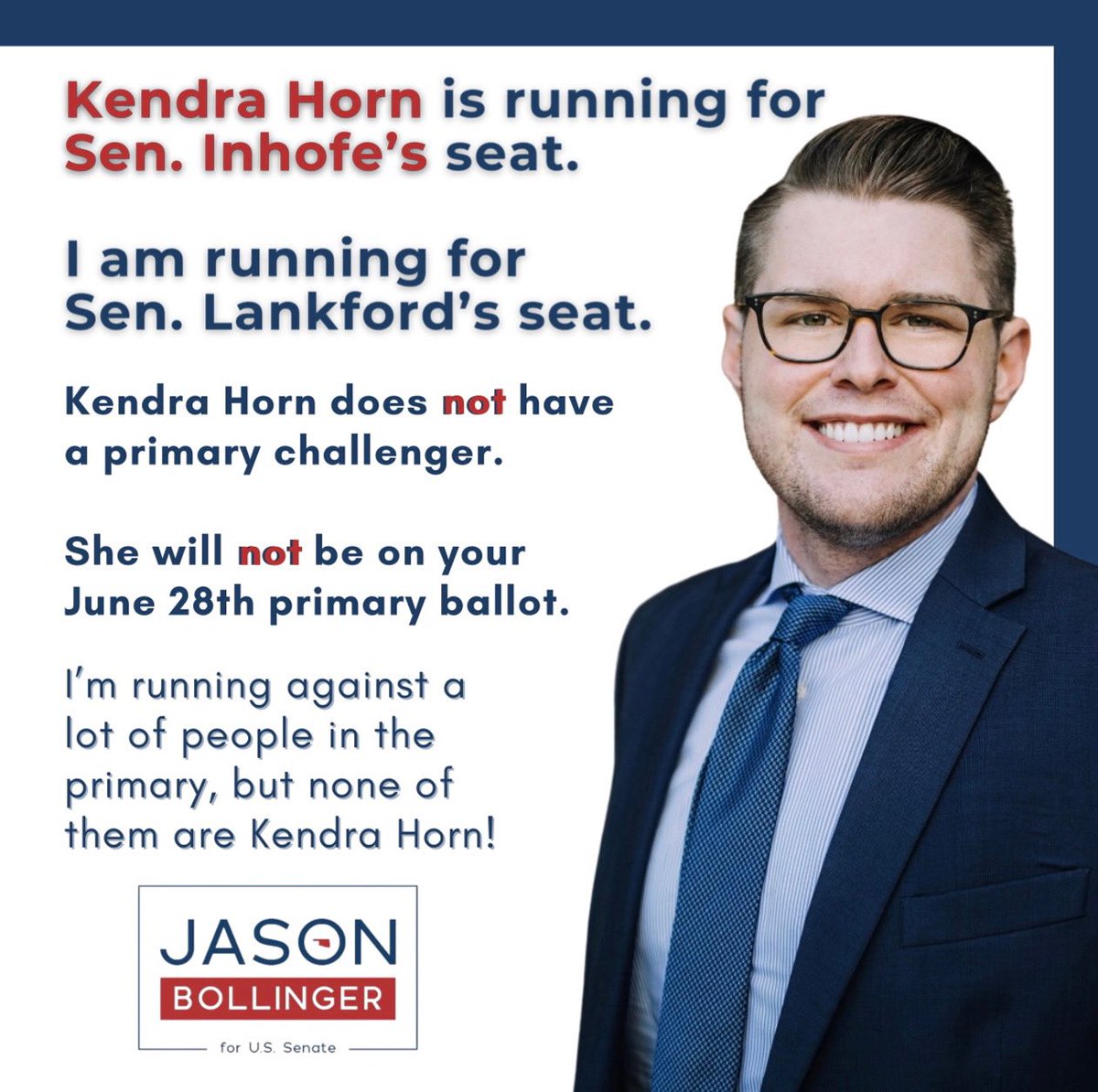 Jason_Bollinger's tweet photo. 🚨 IMPORTANT REMINDER: I plan to be on the ballot WITH Congresswoman @VoteKendraOK in November! We’re taking back both of our US Senate seats for the people of Oklahoma! Let’s do this! 👏🏼 https://t.co/JKZppzOC9J
