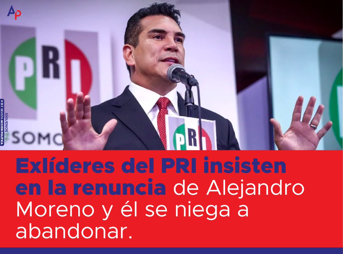 #México 🇲🇽| Los exdirigentes del <a href="/PRI_Nacional/">PRI</a> persisten en su solicitud para que <a href="/alitomorenoc/">Alejandro Moreno</a> deje el cargo, pues aseguran que el político  perdió́ la confianza para encabezar al partido, debido a sus resultados electorales y a los escándalos.

#Noticias #Política #PRI