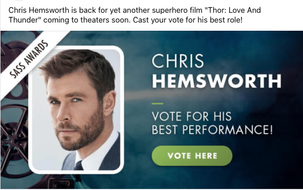 #SASSAwards is highlighting @ChrisHemsworth this month.  So far his best performance rankings are

#Action - The Avengers
#Adventure - Snow White and the Huntsman
#Overall - Thor-Ragnarok

Agree? Disagree?  Cast your votes here https://t.co/T3Cx8XHNnX

#ChrisHemsworth #Movies https://t.co/twsb0svAJN