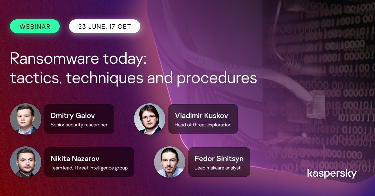 kaspersky's tweet photo. Join Kaspersky’s Vladimir Kuskov as he discusses the evolution of ransomware and the tactics and techniques used by cybercriminals. 

Learn more about how you can stay protected against these threats 👉 https://t.co/UCTyexFzzC https://t.co/uZhHOznJ6G