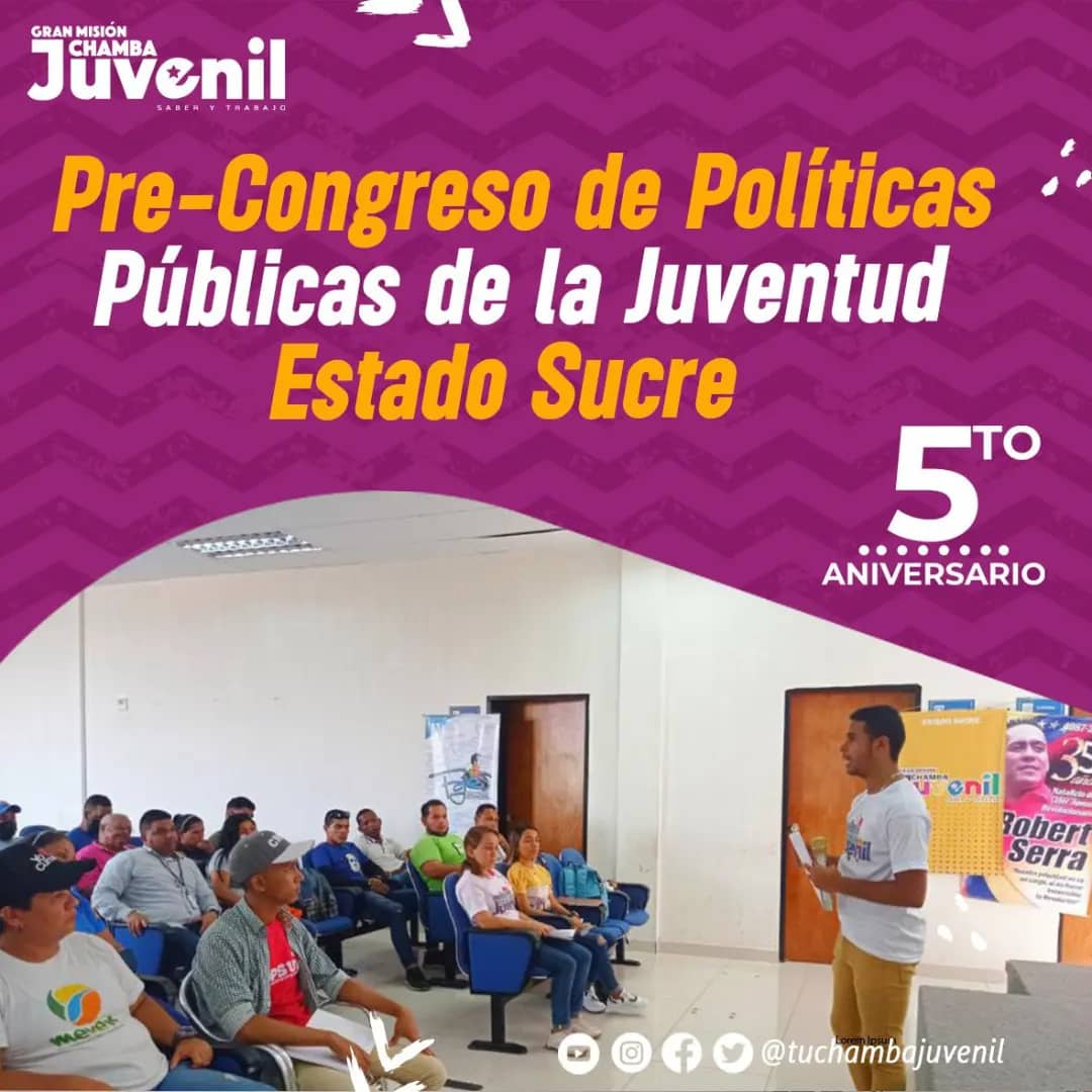 Pre-Congreso de Políticas Públicas de la Juventud. Se llevó a cabo el día Miércoles, 15 de Junio de 2022. En el Estado Sucre. Cumpliendo con las orientaciones emanadas por nuestro Presidente Nicolás Maduro y Nuestro Ministro. #5toAniversarioChambaJuvenil #Chamba5AñosFormando