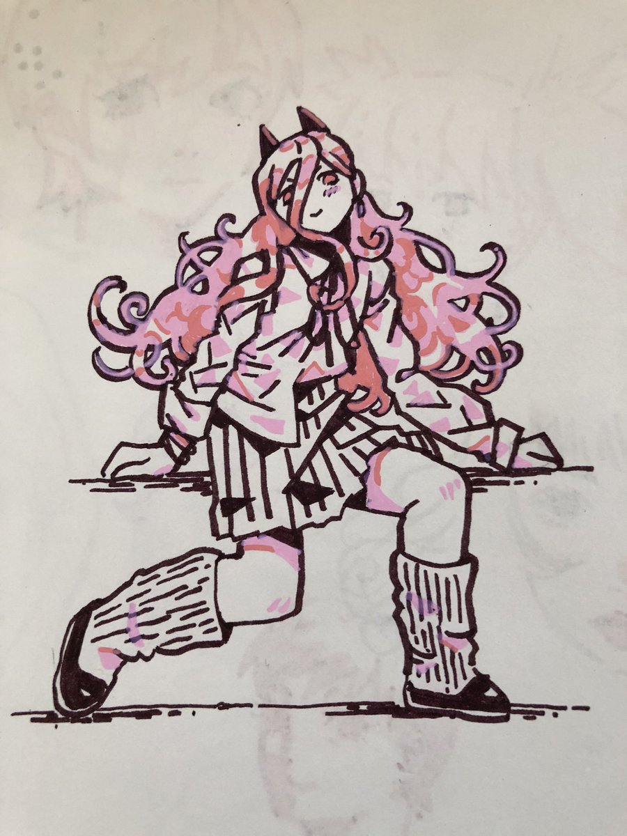 1girl solo long hair pink hair horns skirt socks  illustration images