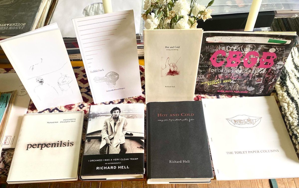 NormalsBooks's tweet photo. Well I for one did not know #RichardHell of #thevoidoids had produced this much written work. A great longtime customer brought these all in in 1 fell swoop. In addition to this batch we also have a near fine copy of his book on Hanuman. Includes here are a near fine oblong https://t.co/vY3Dzz8vrX