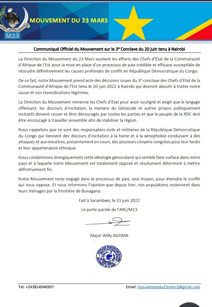 « La Direction du M23  du 23 Mars soutient les efforts des Chefs d’Etat de la Communauté d’Afrique de l’Est pour la mise en place d’un processus de paix crédible et efficace susceptible de résoudre définitivement les causes profondes de conflit en RDC »