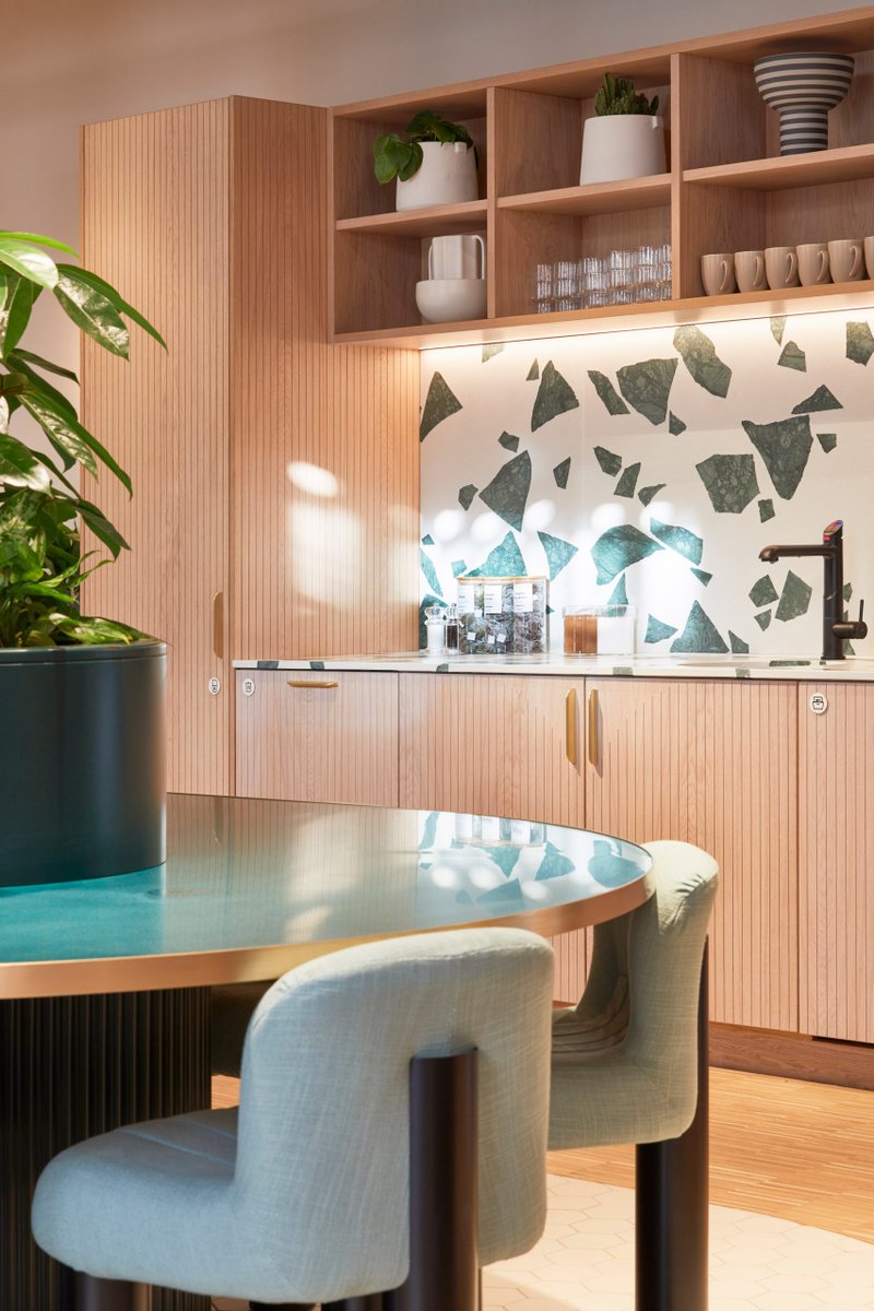 Workspaces @TheOfficeGroup's Liberty House designed by @sodalondon inspired by #LibertyLondon fabrics to create striking interiors with #recycled terrazzo #materials Altrock + @DuratDesign in the teapoints + bathrooms More on @dezeen ow.ly/xeXQ50JCruZ #recycledtolast