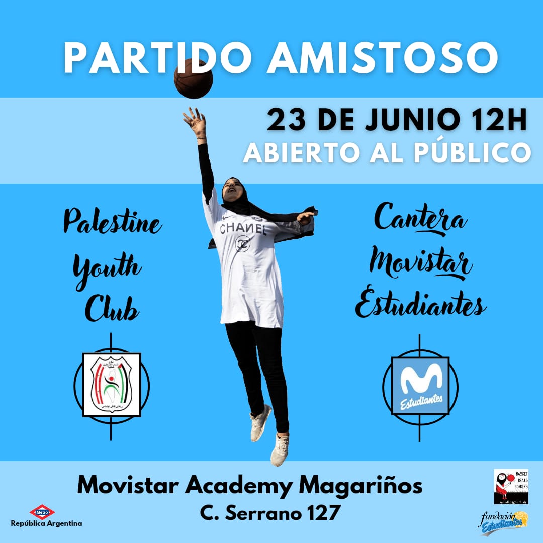 PARTIDO AMISTOSO
Cantera <a href="/movistar_es/">Movistar España</a> Estudiantes 🆚 Palestine Youth Club (Beirut)
🗓️ Jueves 23 junio, 12h
📍 <a href="/MovistarAcademy/">Movistar Academy Magariños</a> Magariños, Madrid
💙 Entrada libre. 

Organizan <a href="/FundacionEstu/">Fundacion Estudiantes</a> y #BasketBeatBorders 
+INFO: movistarestudiantes.com/fundacion/la-f…