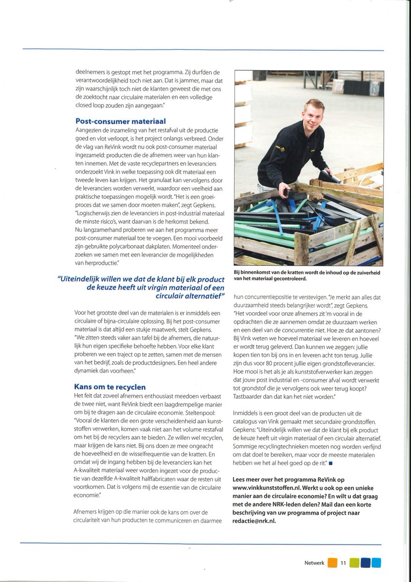 Het recyclingprogramma ReVink van Vink Kunststoffen staat in het ledenblad ‘Netwerk’ van de NRK (Nederlandse Rubber- en Kunststofindustrie).

Het artikel is hieronder te lezen of via nrk.nl/netwerk