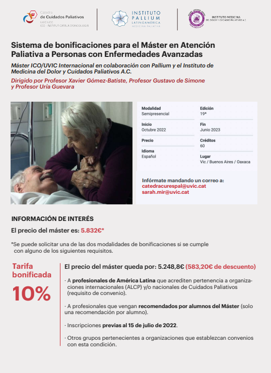 Xgba's tweet photo. Sistema bonificaciones Master ICO/UVIC atención paliativa en marcha!!! Contactar con catedracurespal@uvic.cat / sarah.mir@uvic.cat @secpal_ @AECPAL_ @_ALCP @SCBCPal @u_medicina @CP_Semergen @u_medicina @COMBarcelona @COIBarcelona @atdomcamfic @AIFICC @catedracpal https://t.co/H8hJmlUsAs