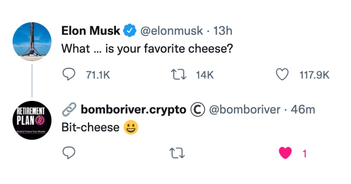 Noah_HQ's tweet photo. We would love to get some Bit-cheese ๐คฃ
@bomboriver @elonmusk #bitcoin #bitcheese https://t.co/tpa5KGvqK9