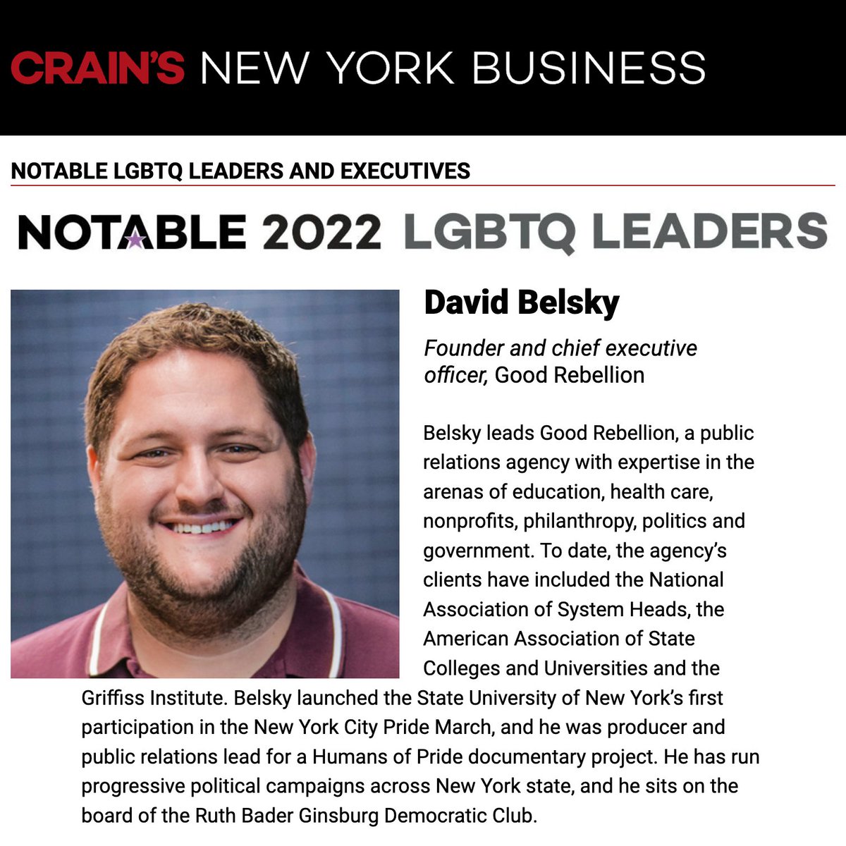 We're so PROUD of @dkbelsky who's been recognized by @CrainsNewYork as a Notable LGBTQ Leader! As a certified #LGBTBE, we're committed to meeting the needs of the queer community & ensuring their contributions to the world are reflected in our work. crainsnewyork.com/awards/2022-no…