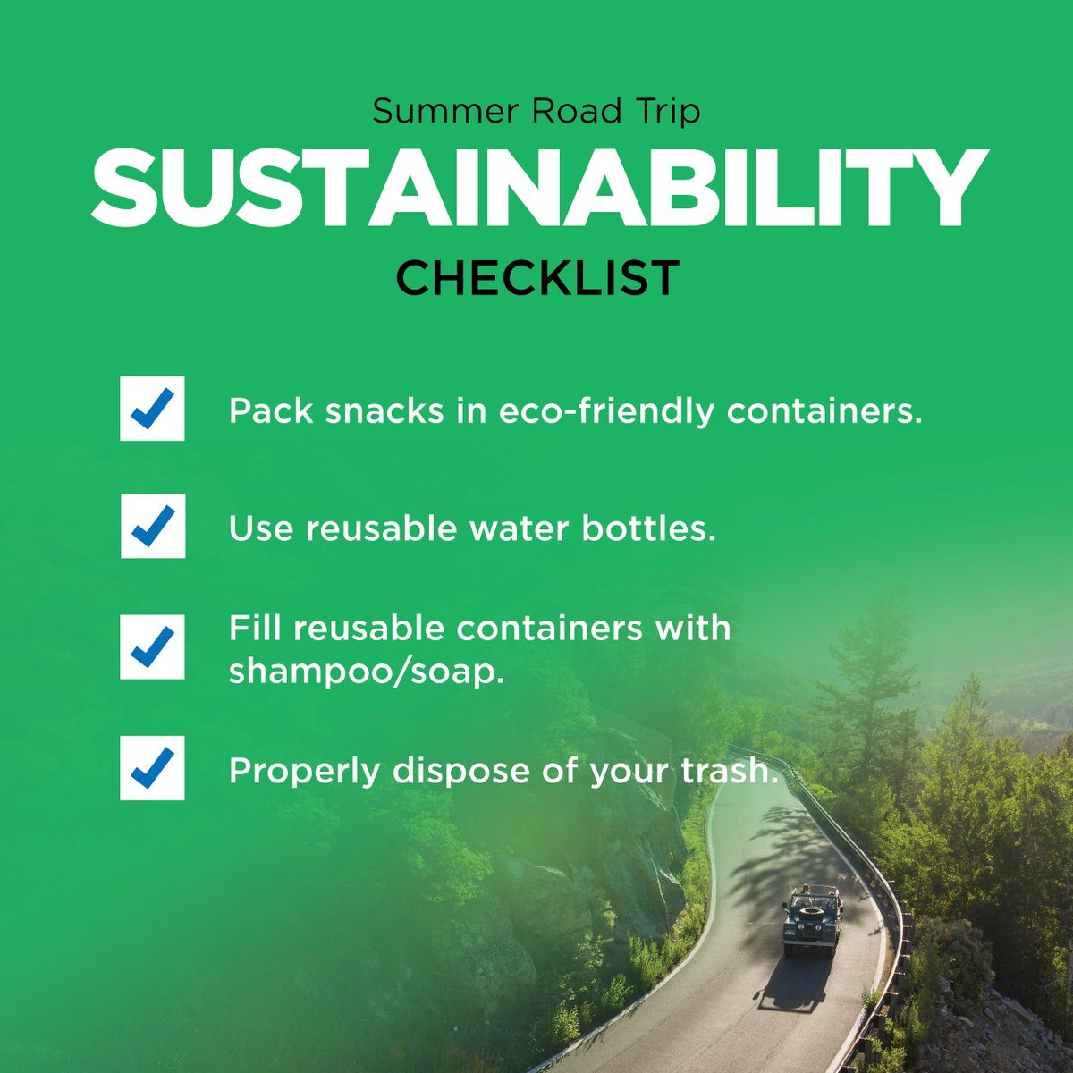 🚘  #RoadTrip? Follow these #Sustainability tips while you're exploring! ☀️ #FirstDayOfSummer