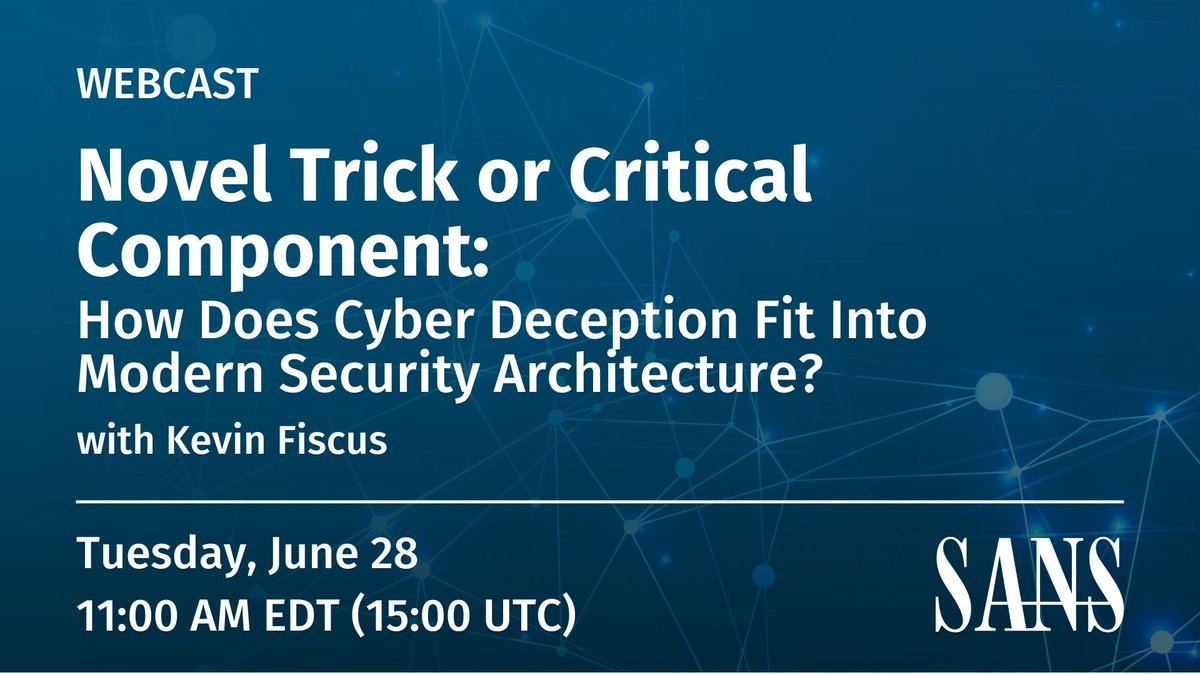SANSOffensive's tweet image. Go beyond the honeypot. @kevinbfiscus will show you the way. He&apos;ll speak about how #CyberDeception enhances traditional security controls &amp;amp; works with #ZTA, #CTI, &amp;amp; #AdversaryEmulation. Don&apos;t miss this critical webcast!

Register now sans.org/u/1lTR #SEC550 #ActiveDefense