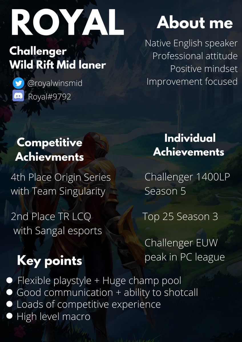 LFT Wild Rift EU
After taking a break from comp and focusing on Solo Queue to improve my micro and mechanics, I finally feel fully confident on mobile after swapping from PC League. I am looking for tryouts to prove my skill.
- Happy to be a sub for top teams!!
RTs appreciated❤️