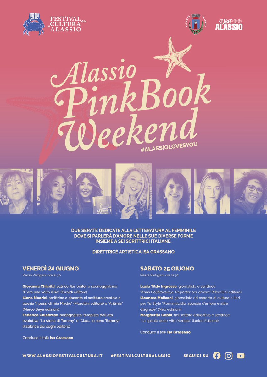 IsaGrassano's tweet photo. Un avvio di estate nel segno della letteratura al #femminile. L'orgoglio di essere la #direttriceartistica di una nuova #rassegnaletteraria il 24 e 25 giugno, ad #Alassio, perla di Ponente: Alassio #PinkBookWeekend

#alassiolovesyou #festivalculturaalassio #libri  #isagrassano https://t.co/jkx32ggjbB