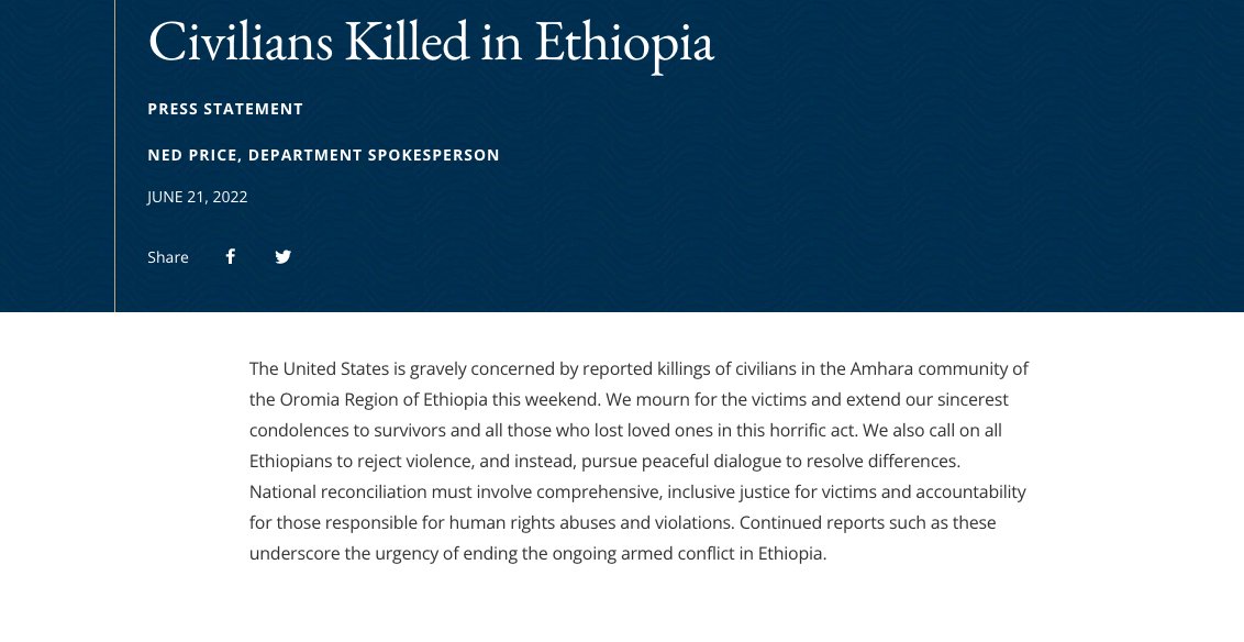 AAA_Amhara's tweet photo. "The United States is gravely concerned by reported killings of civilians in the Amhara community of the Oromia Region of Ethiopia this weekend."
https://t.co/pErEhhv7kY https://t.co/3iCIg03Zsx