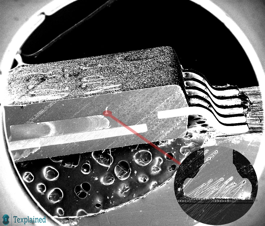 Texplained_RE's tweet image. [1/2] Interconnection layers only represent a tiny part of a chip. The bulk is here to prevent the chip from breaking too easily.
 #TexplainedTT #ICReverseEngineering #MSP430