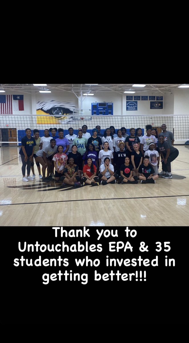 Thank you to Untouchables EPA, our parents, coaches and great athletic department for supporting our students. 35 vb players invested in getting better <a href="/coach_barnett/">Coach Barnett</a> <a href="/AsstADCinnamon/">Cinnamon Sheffield</a> <a href="/silviasalinas25/">Silvia Salinas, EdD, CAA</a> <a href="/Barnett94Brian/">Coach Brian Barnett</a>