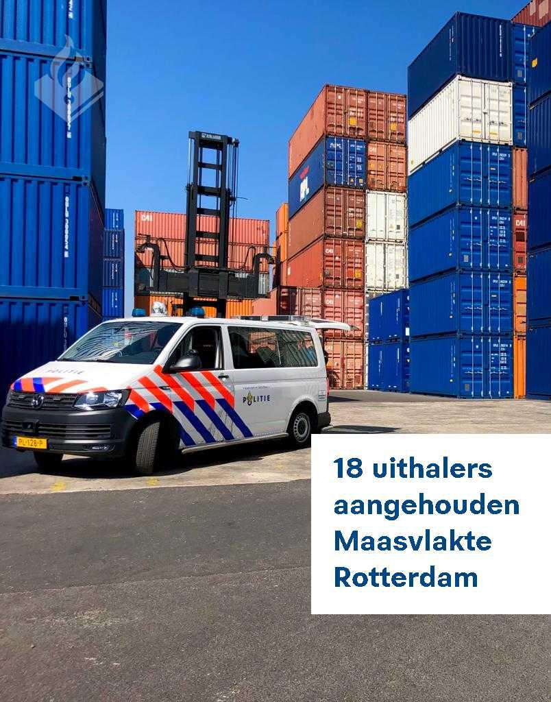 Afgelopen vrijdag en zaterdag zijn er op de #Maasvlakte aan de #Europaweg in Rdam weer 18 uithalers aangehouden in de leeftijd van 16 tot 36 jaar. Ze komen uit Rotterdam, Schiedam, Amsterdam, Woerden, Delfzijl, Schiedam en Delft. Het onderzoek loopt. <a href="/POL_Zeehaven/">Zeehavenpolitie</a> <a href="/OM_Rotterdam/">Openbaar Ministerie Rotterdam</a>