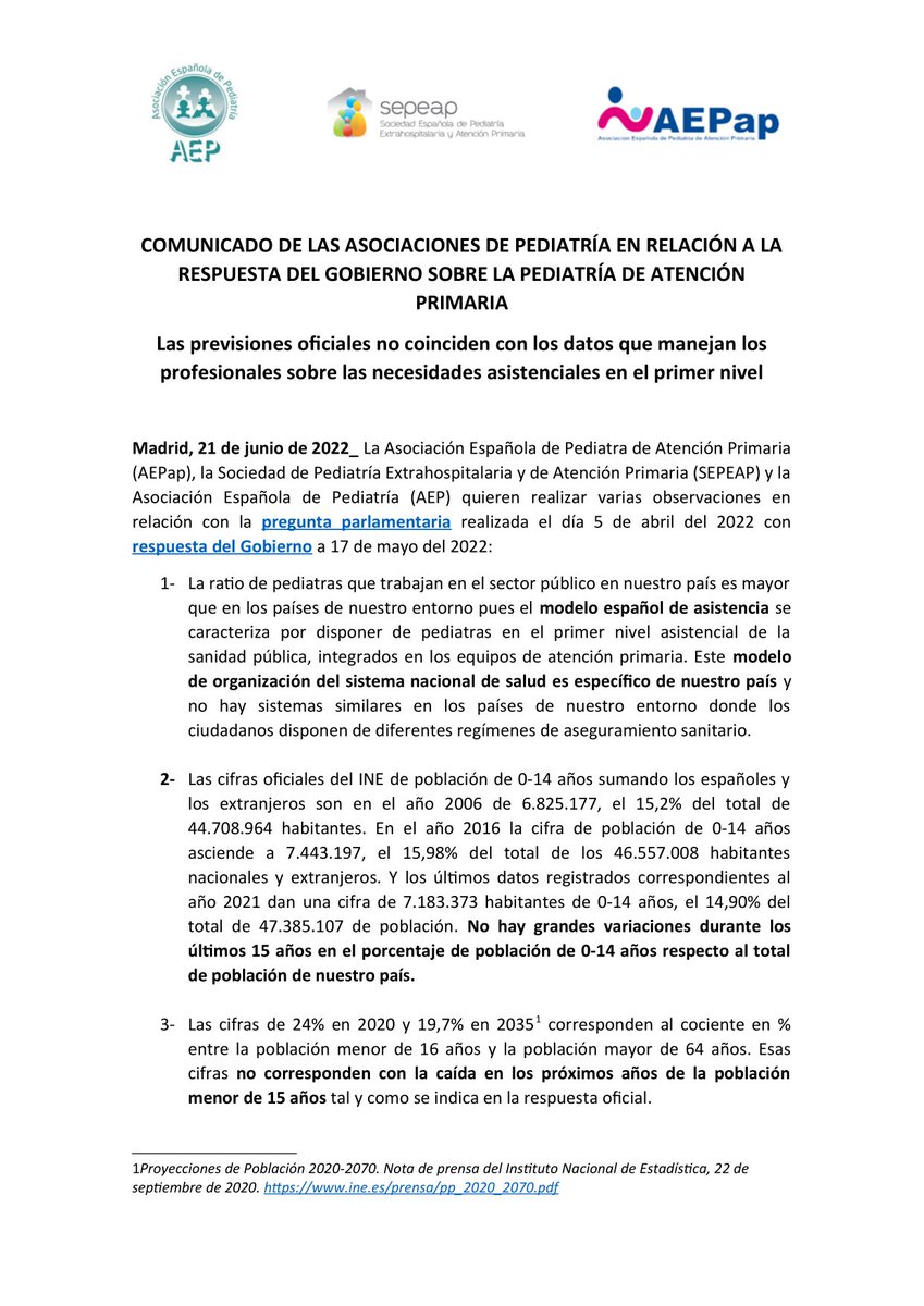 Comunicado de las Asociaciones de Pediatría en relación a la respuesta del Gobierno sobre la Pediatría de Atención Primaria dlvr.it/SSZdR4 via <a href="/aepediatria/">AEP</a>