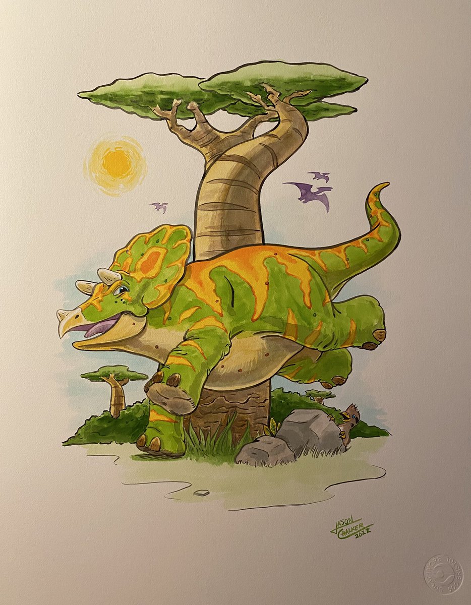 ManlyArt's tweet photo. Had some fun this weekend and did this happy #triceratops as a baby shower gift fit one of our neighbors. Ink on Strathmore 500. #ink #brush #drphmartinsink #art #dinosaur #prehistoric #baobabtree https://t.co/Z21QExnp4X