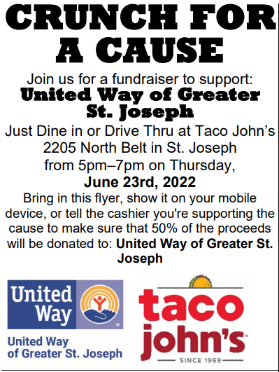 UnitedWayStJoe's tweet photo. Got dinner plans this Thursday? @tacojohns We've got ya covered ๐ฎ๐โค๏ธ Stop by the North Belt Taco John's between 5-7 pm on June 23! Show them the flyer or mention UW & 50% of the proceeds will support United Way & our Partner Agencies! #UnitedWayandPotatoOles #CrunchForACause https://t.co/ebun9hljFi