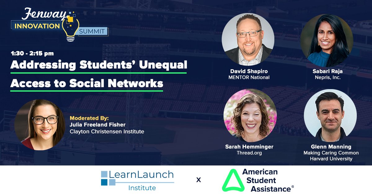 THIS THURSDAY: At <a href="/ASA_Impact/">American Student Assistance</a>'s <a href="/LearnLaunch/">LearnLaunch</a> #FenwayInnovationSummit, <a href="/dshapMENTOR/">David Shapiro</a> &amp; other experts in the field will be discussing the important role #socialcapital plays in student success &amp; exploring ways to address inequity. Register bit.ly/39o8Nd0 #MentoringAmplifies