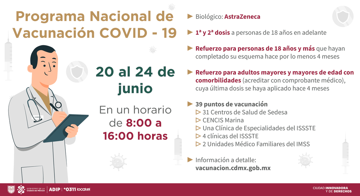 SSaludCdMx's tweet photo. 🔊Este martes se lleva a cabo el segundo día de  la jornada de vacunación contra #COVID19 para residentes de la CDMX en 39 puntos.

✅Biológico: AstraZeneca
⏰De 8 a 16 h

👇🏽Si te hace falta alguna de las siguientes dosis, ¡asiste! 

💉1ª y 2ª dosis a personas de 18 años y más https://t.co/5HHULQjUcz