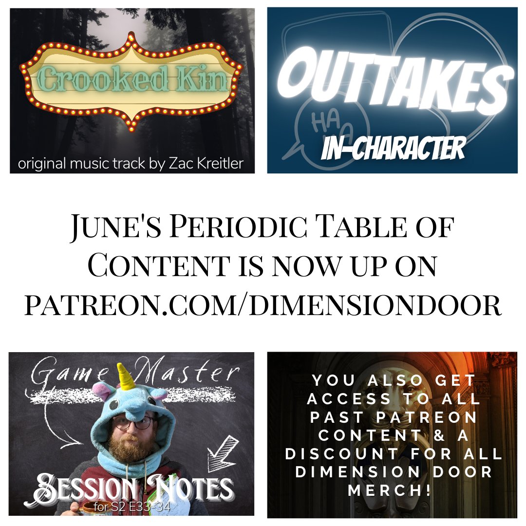 DimensionPod's tweet image. Our Periodic Table of Content for June is now out! 🎉

Featuring some in characteer outtakes, a music track from Severed Fate,  and James' GM notes from May's episodes.

Find all of this and more over on our Patreon.

#BonusContent #DimensionDoor #ActualPlay #TTRPGs