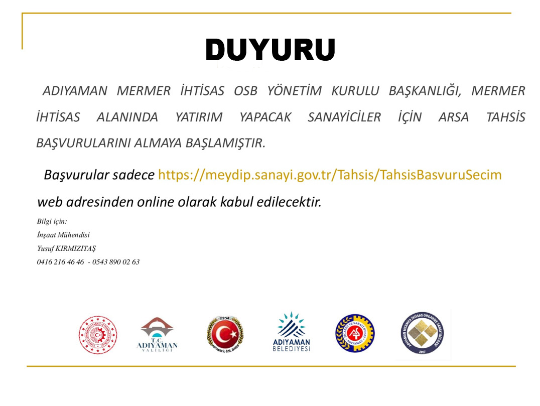 adiyamantso's tweet photo. Adıyaman Mermer İhtisas Yönetim Kurulu Başkanlığı, Mermer İhtisas alanında yatırım yapacak sanayiciler için arsa tahsis başvurularını almaya başlamıştır.
@mustafauslu_02 @metingunay02 @TCSanayi @varank @RHisarciklioglu @TOBBiletisim https://t.co/1blMx1Vh5i