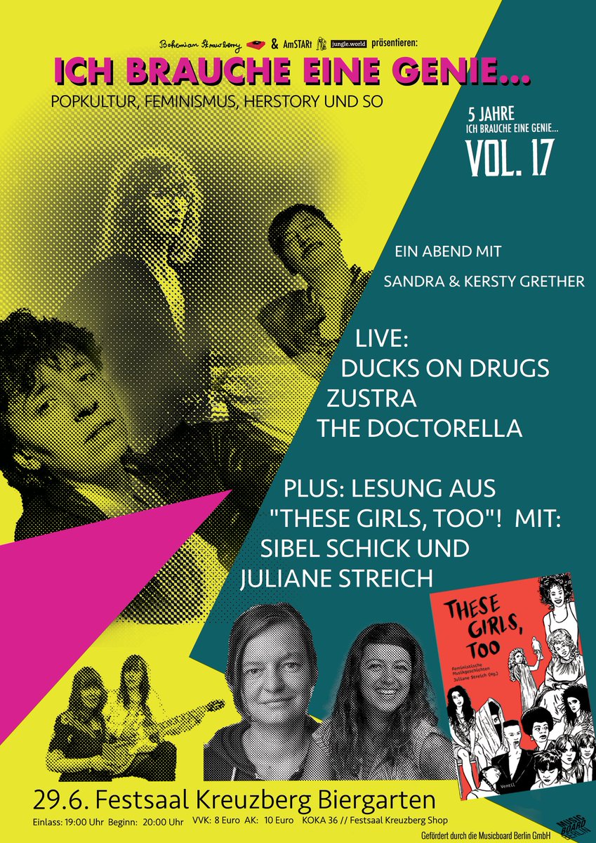 Am 29.6. spiele ich ein Konzert im #FestsaalKreuzberg bei "Ich brauche eine Genie" von <a href="/SandraGrether/">The Doctorella</a> / #Doctorella! <a href="/sibelschick/">Sibel Schick</a> &amp; <a href="/julesjoke/">Juliane Streich</a> lesen aus "These Girls, Too" (<a href="/Ventil_Verlag/">Ventil Verlag</a>) aus feministischer Musikgeschichte. Tickets: bit.ly/3OstfrL Kommt gern vorbei!