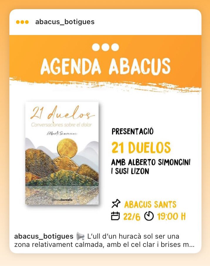Mañana a las 19h, os esperamos en #abacus sants, al lado de Plaza de España, en Barcelona.
#presentacion #novedad #libro #libros #albertosimoncini #coronaborealis <a href="/abacus_botigues/">Abacus Botigues</a> <a href="/EdcCoronaBor/">Edc Corona Borealis</a>
