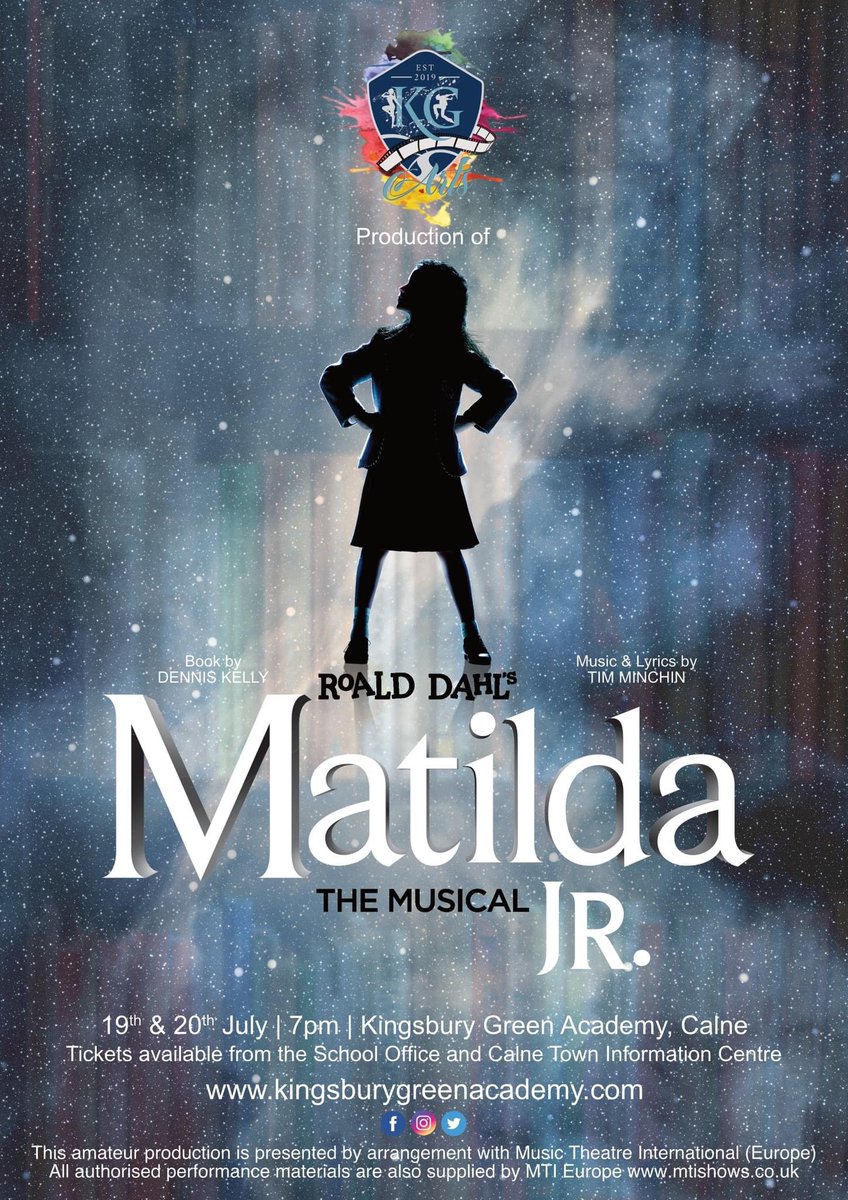 Tickets are now on sale for Roald Dahl's Matilda The Musical JR, our summer show hosted by KGArts.

19th &amp; 20th July | 7pm | Kingsbury Green Academy, Calne

Tickets are available from ParentPay, School Reception or Calne Town Information Centre.