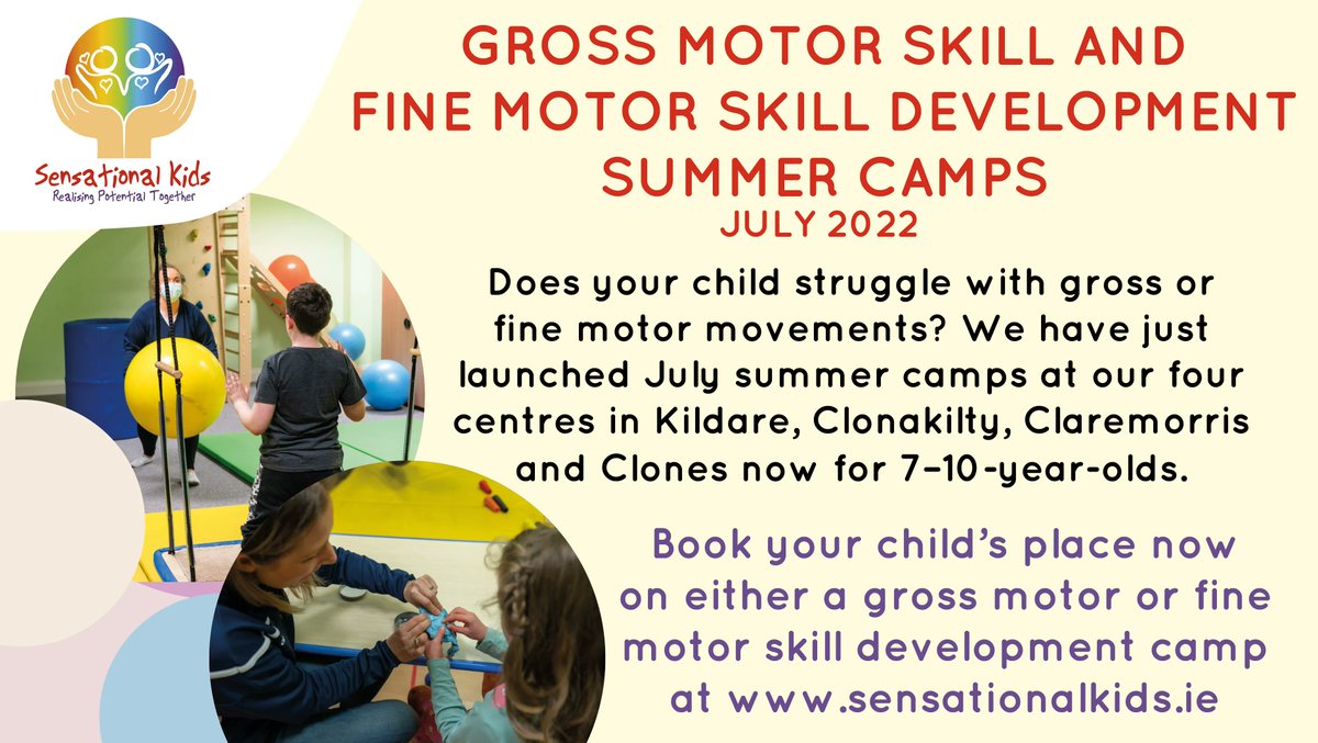SenKidsIreland's tweet image. Does your child struggle with gross or fine motor movements? We have just launched July summer camps at our four centres in Kildare, Clonakilty, Claremorris and Clones for 7-10 year olds. Book your child’s place now on a gross motor or fine motor camp at sensationalkids.ie/training-works….