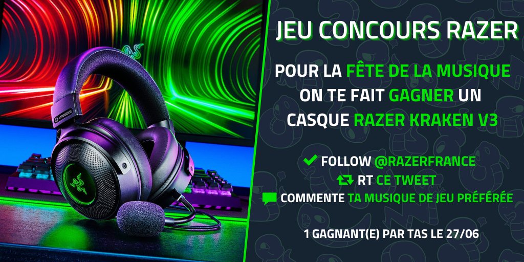 🎤🎶 Razer célèbre la #FetedelaMusique avec un concours !

Pour tenter de gagner le Razer Kraken V3 :
✅ Follow <a href="/RazerFrance/">R Λ Z Ξ R 🇫🇷</a>
🔁 RT
💬 Commente ta musique de jeu préférée

Good luck ! 🕺