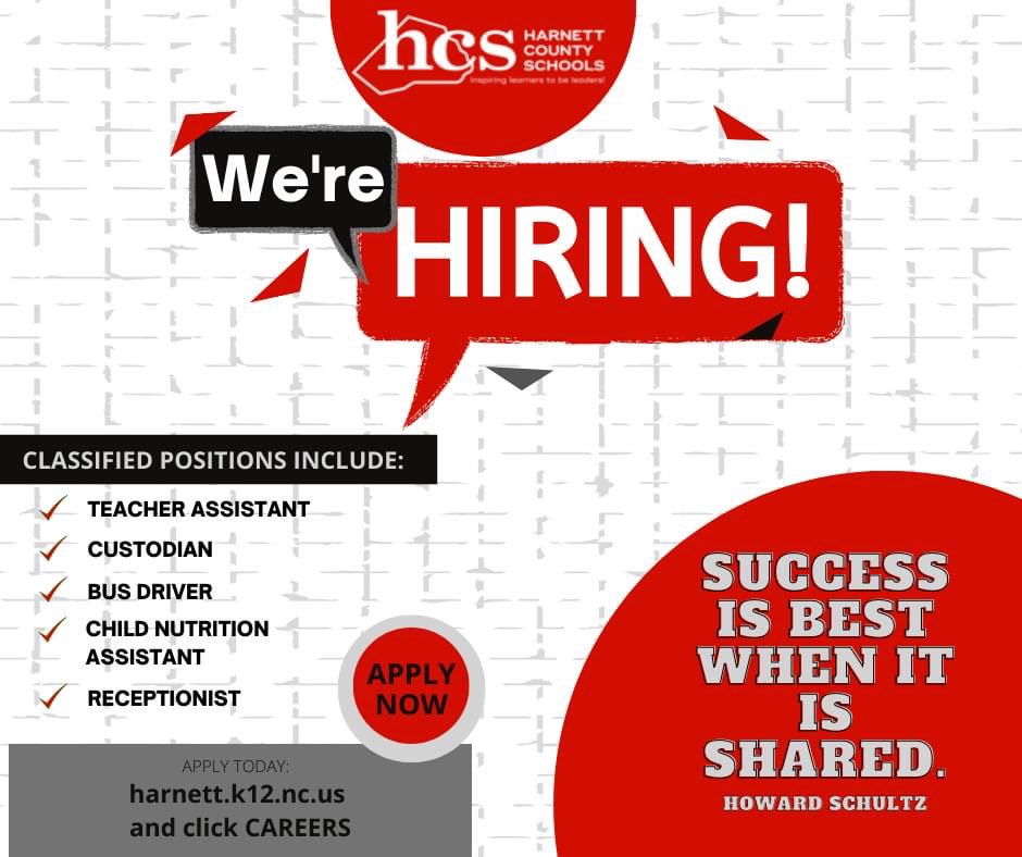 We Are Hiring! 

harnett.k12.nc.us/employment 

#SuccessWithHCS #InspiringLearnersToBeLeaders #JoinOurTeam