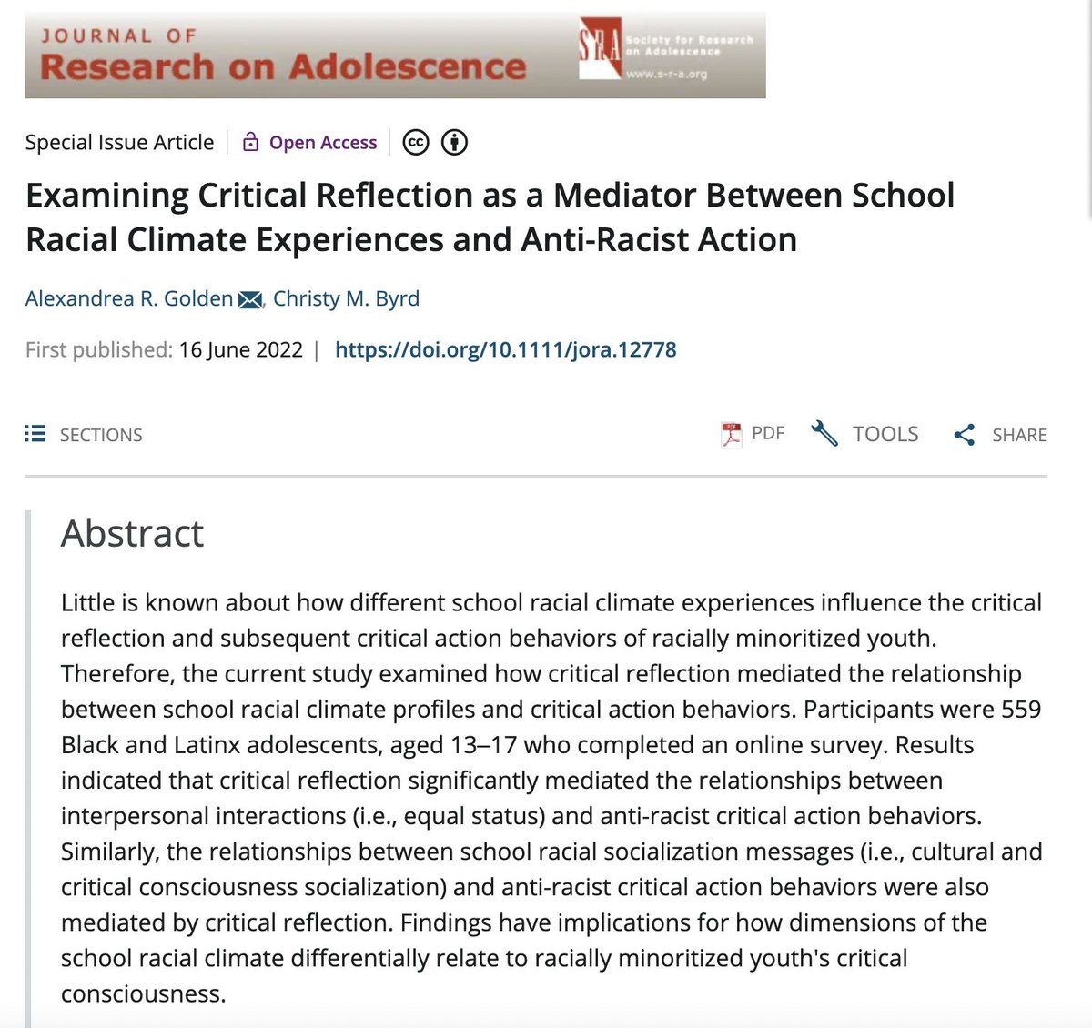 Dr. Alexandrea Golden (@agolden_phd) on Twitter photo 🚨New Pub Alert🚨 We (<a href="/ChristyMByrd/">Christy M. Byrd</a>) examined critical reflection as a mediator between racially minoritized adolescents' school racial climate experiences and their anti-racist action. *Spoiler* schools are important for cc development. doi.org/10.1111/jora.1… 🚨New Pub Alert🚨 We (<a href="/ChristyMByrd/">Christy M. Byrd</a>) examined critical reflection as a mediator between racially minoritized adolescents' school racial climate experiences and their anti-racist action. *Spoiler* schools are important for cc development. doi.org/10.1111/jora.1…